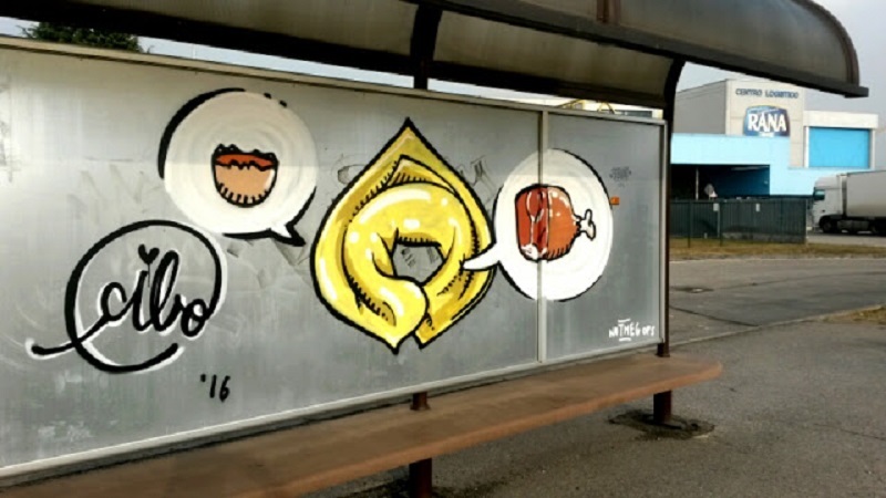 murales dello streetartist Cibo davanti all'azienda di Giovanni Rana
